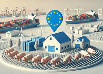 EU flag over miniature farm with pigs, cargo ships, and containers; illustrating challenges to EU pork exports. - Supply Chain News