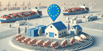 EU flag over miniature farm with pigs, cargo ships, and containers; illustrating challenges to EU pork exports. - Supply Chain News