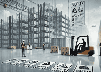Warehouse workers maintain safety with forklift and safety signs. STG Logistics' commitment to safety. - Supply Chain News