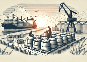 Workers unloading sacks of rice from a cargo ship at a port, illustrating the impact of the Philippines' recent 20% tariff reduction on imported rice. - Supply Chain News