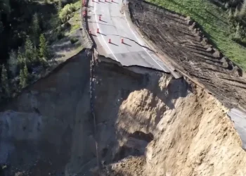 Aerial view of a collapsed section of Teton Pass road in Wyoming. Road damage from landslide. - Supply Chain News