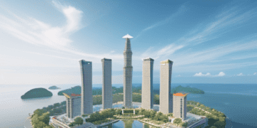 Modern high-rise buildings on a tropical island, representing expansion in Malaysia and Vietnam. - Supply Chain News