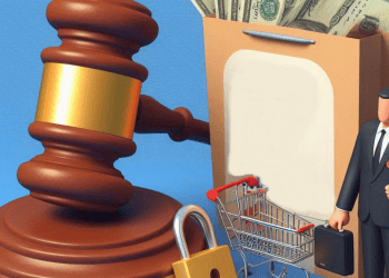Gavel, shopping cart, padlock, briefcase, and cash near a legal document; NSW Supreme Court ruling on Supercheap Auto security breach. - Supply Chain News