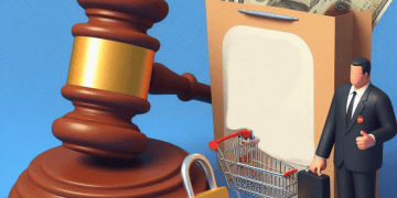 Gavel, shopping cart, padlock, briefcase, and cash near a legal document; NSW Supreme Court ruling on Supercheap Auto security breach. - Supply Chain News