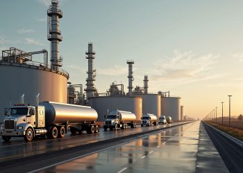 Tanker trucks transporting crude oil leave a refinery at sunset. - Supply Chain News
