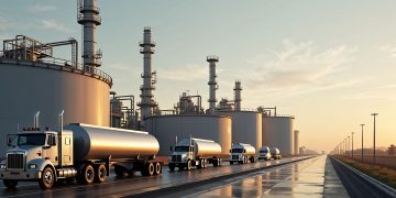 Tanker trucks transporting crude oil leave a refinery at sunset. - Supply Chain News