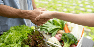 Farmer and buyer shaking hands over a crate of fresh produce, symbolizing international food trade cooperation. - Supply Chain News
