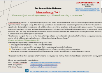 AdvanceEnergy Tek Unveils Sustainable Geothermal Solution for Remote Communities