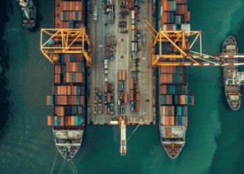 Aerial view of container ships at a busy port, showcasing global import and export opportunities. - Supply Chain News