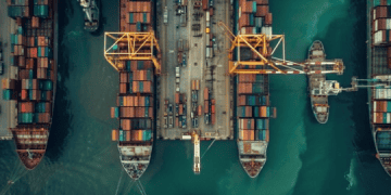 Aerial view of container ships at a busy port, showcasing global import and export opportunities. - Supply Chain News