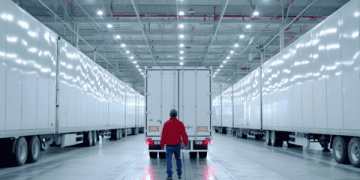 Worker in a large warehouse with rows of semi-trailers. Advanced supply chain management. - Supply Chain News