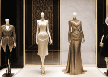 Mannequins wearing designer clothing in a luxury boutique, showcasing high-end fashion displays.