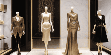 Mannequins wearing designer clothing in a luxury boutique, showcasing high-end fashion displays.