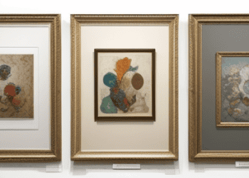 A high-value artwork displayed in an auction house, with bidders raising paddles in the background, showcasing the transaction process and the intersection of art and finance.