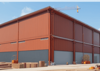 Large-scale construction site for warehouses with cranes, construction workers, and building materials, reflecting the booming demand for warehousing spaces.
