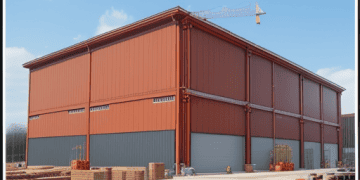 Large-scale construction site for warehouses with cranes, construction workers, and building materials, reflecting the booming demand for warehousing spaces.