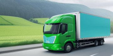 A fleet of electric trucks and hydrogen-powered vehicles parked at a logistics hub, showcasing eco-friendly transportation modes for sustainable supply chains.
