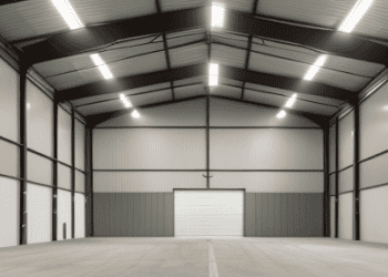 Large industrial warehouse with expansive storage space and high ceilings, filled with neatly organized inventory.