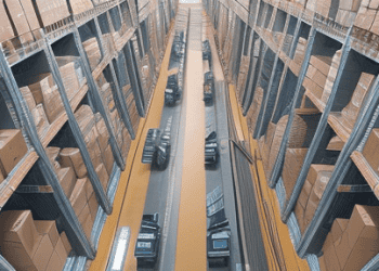 Aerial view of a large warehouse with rows of shelves and sorting systems, showcasing organized storage and logistics operations.