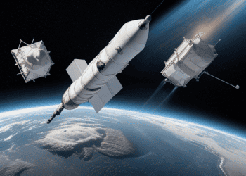 A satellite orbiting Earth, a rocket launching into the sky, and detailed spacecraft blueprints, symbolizing the intersection of space technology, export controls, and intellectual property.