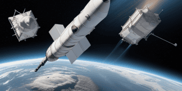 A satellite orbiting Earth, a rocket launching into the sky, and detailed spacecraft blueprints, symbolizing the intersection of space technology, export controls, and intellectual property.