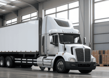 A busy distribution center with trucks being loaded and unloaded.
