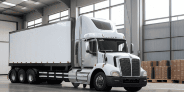 A busy distribution center with trucks being loaded and unloaded.