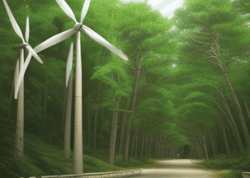 A collection of environmental symbols representing sustainability and clean energy, including green leaves, solar panels, wind turbines, recycling icons, and nature landscapes.