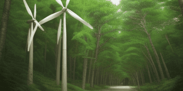 A collection of environmental symbols representing sustainability and clean energy, including green leaves, solar panels, wind turbines, recycling icons, and nature landscapes.