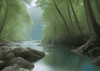 A lush forest by a river, showcasing the harmony of nature and the importance of environmental preservation in reducing disaster risks.