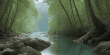 A lush forest by a river, showcasing the harmony of nature and the importance of environmental preservation in reducing disaster risks.