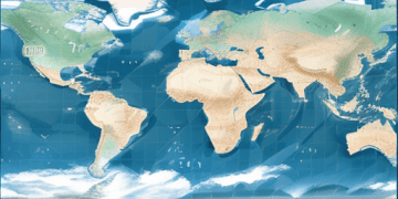 A world map highlighting global shipping routes and supply chain networks, overlaid with icons representing trade, such as import/export symbols and international trade graphs.
