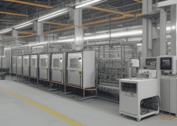 A large industrial manufacturing plant in Indonesia with workers operating modern machinery on the production line. The image showcases the expansive scale and advanced technology used in sectors like textiles, electronics, automotive, and food processing.