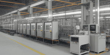 A large industrial manufacturing plant in Indonesia with workers operating modern machinery on the production line. The image showcases the expansive scale and advanced technology used in sectors like textiles, electronics, automotive, and food processing.