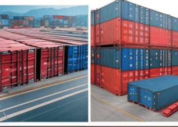 A view of large shipping containers stacked in a busy port, with trucks and cranes in the background, symbolizing global supply chain operations.