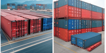 A view of large shipping containers stacked in a busy port, with trucks and cranes in the background, symbolizing global supply chain operations.