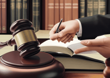 A gavel, law books, a signed contract, and shaking hands representing legal processes, obligations, and international agreements.