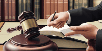 A gavel, law books, a signed contract, and shaking hands representing legal processes, obligations, and international agreements.