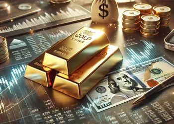 A realistic image of gold bars placed on top of financial documents and graphs showing market data, with indicators of rising and falling trends. The background includes subtle representations of the US dollar and stock market tickers, creating a professional trading desk setup with a mix of caution and opportunity in the financial market. The lighting is soft but focused, emphasizing the gold bars and market data, set against a neutral color scheme.