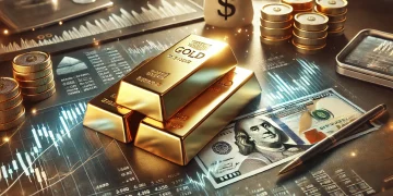 A realistic image of gold bars placed on top of financial documents and graphs showing market data, with indicators of rising and falling trends. The background includes subtle representations of the US dollar and stock market tickers, creating a professional trading desk setup with a mix of caution and opportunity in the financial market. The lighting is soft but focused, emphasizing the gold bars and market data, set against a neutral color scheme.