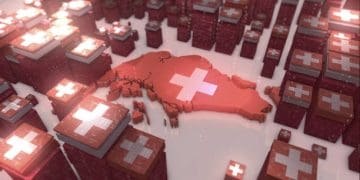 Switzerland Map among digital cubes and binary code